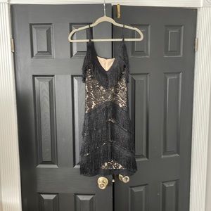 Black lace fringe mini dress